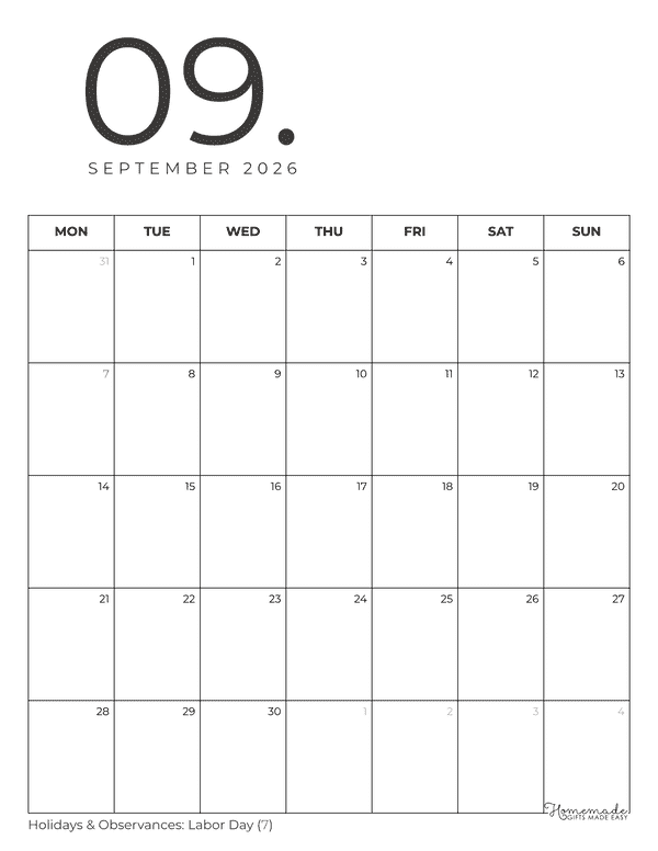 September Calendar 2026 Minimalist Portrait Monday Start