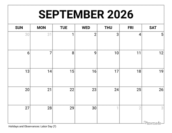 September Calendar 2026 Printable Blank