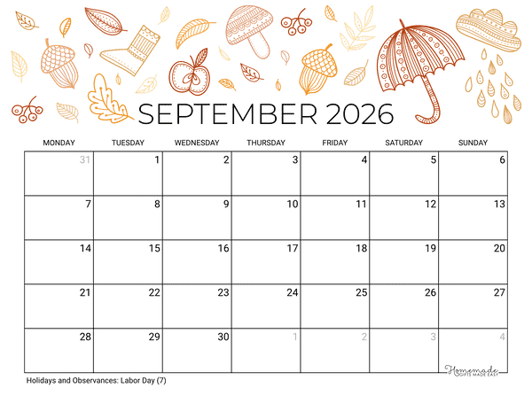 September Calendar 2026 Printable Fall Landscape Monday Start