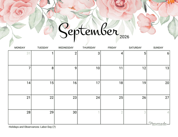 September Calendar 2026 Printable Rose Monday Start