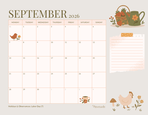 September Calendar 2026 Simple Cute Cottagecore Landscape Monday Start
