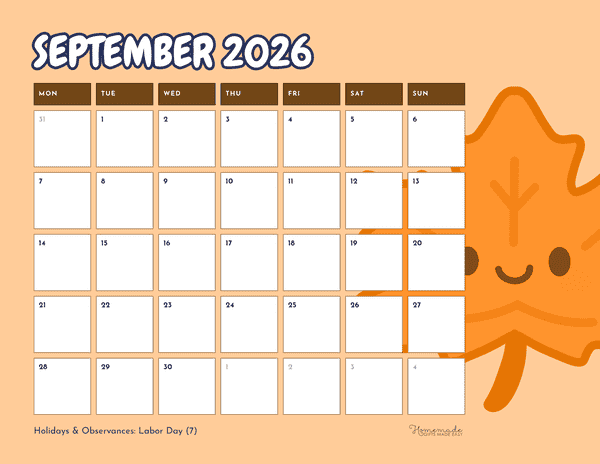 September Calendar 2026 Simple Playful Orange Autumn Monday Start