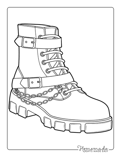Shoe Coloring Pages Tough High Ankle Boots With Chains and Strap