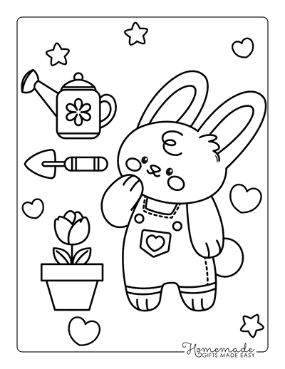 Spring Coloring Pages Cute Bunny Planting Flower to Color for Preschoolers