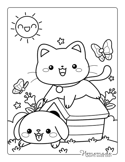 Spring Coloring Pages Cute Cat and Dog Playing Outside in Spring