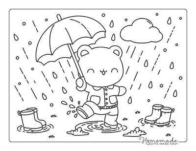 Spring Coloring Pages Cute Happy Bear Playing in April Rain