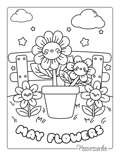 Spring Coloring Pages Cute Happy May Flowers in Garden