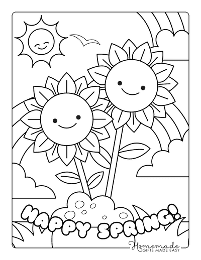 Spring Coloring Pages Cute Happy Smiling Spring Flowers and Sun for Kids