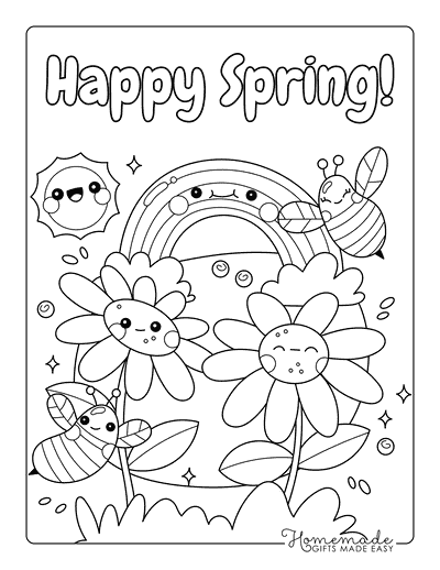 Spring Coloring Pages Hand Drawn Kawaii Spring Coloring