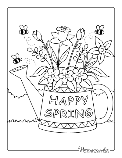 Spring Coloring Pages Watering Can Happy Spring With Bees