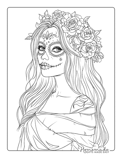 Sugar Skull Coloring Pages Flowery Female Skull