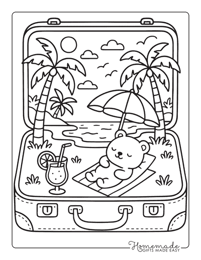 Summer Coloring Pages Cute Bear in Suitcase Beach Vacation Summer Coloring Pages Cute Bear in Suitcase Beach Vacation