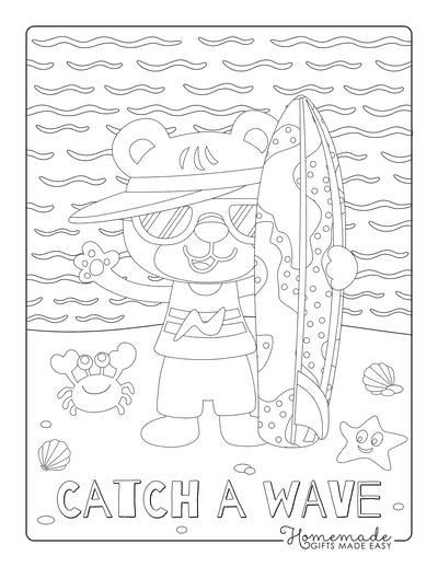 Summer Coloring Pages Cute Bear Surfboard