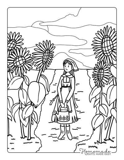 Sunflower Coloring Pages Girl Walking in Sunflower Patch for Adults