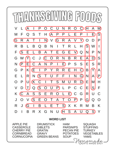 Thanksgiving Word Search Food Medium Answers