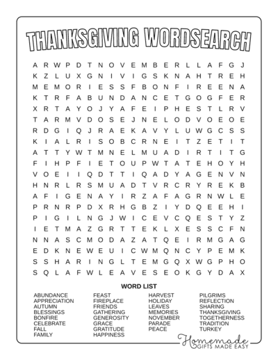 Thanksgiving Word Search General Hard