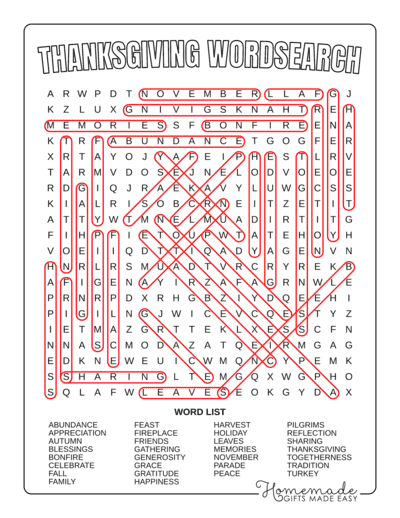 Thanksgiving Word Search General Hard Answers