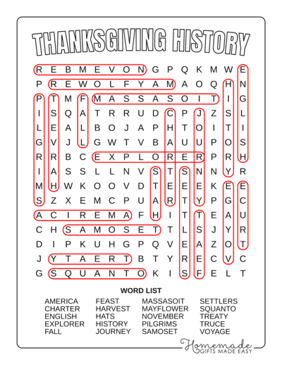 Thanksgiving Word Search History Medium Answers