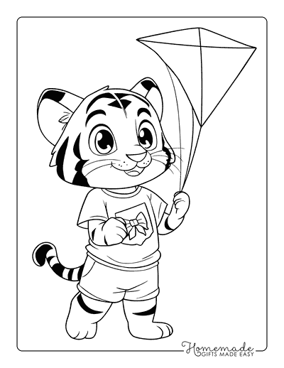 Tiger Coloring Pages Cute Tiger Flying Kite