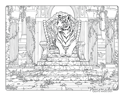 Tiger Coloring Pages Realistic Tiger on Jungle Palace Throne