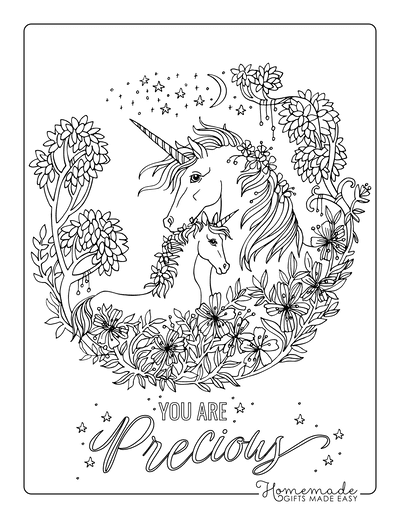 Unicorn Coloring Pages Mother With Baby Unicorn Floral Border