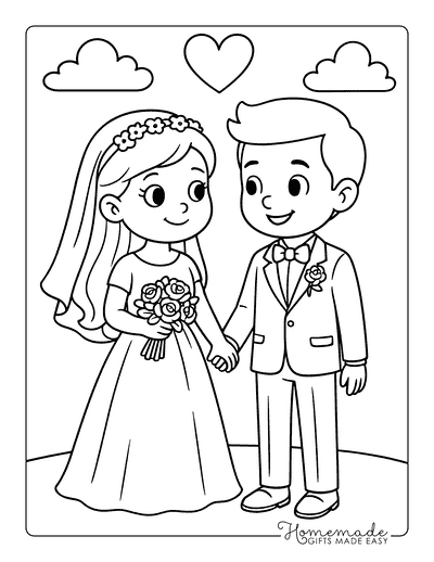 Wedding Coloring Pages Easy Cute Bride and Groom Holding Hands for Kids