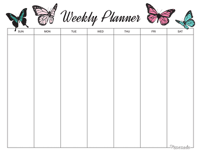 Weekly Calendar Landscape Columns Butterflies