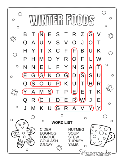 Winter Word Search Food Easy Answers