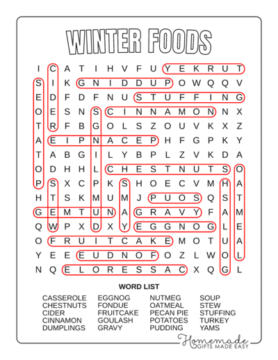 Winter Word Search Food Medium Answers
