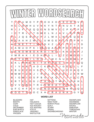 Winter Word Search General Hard Answers