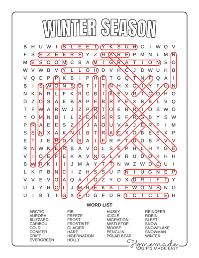 Winter Word Search Nature Hard Answers