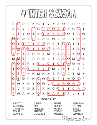 Winter Word Search Nature Medium Answers