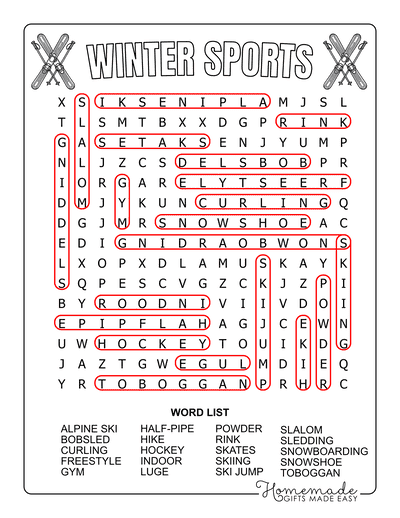 Winter Word Search Sports Medium Answers