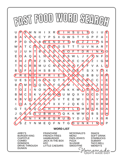 Word Search Printable Fast Food Answers
