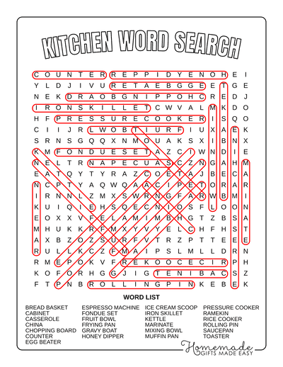 Word Search Printable Kitchen Answers