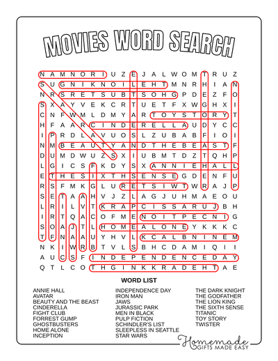Word Search Printable Movies Answers