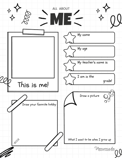 All About Me Black and White Doodle Kawaii Elementary