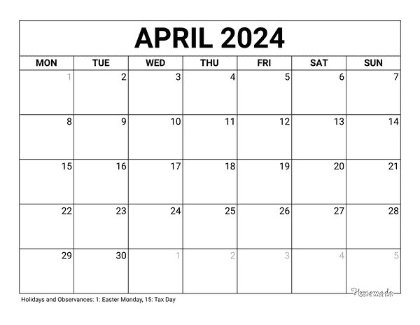 April Calendar 2024 Printable Blank Monday Start