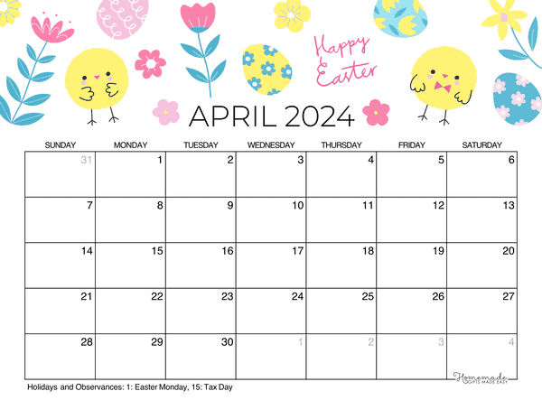 April Calendar 2024 Printable Easter Landscape