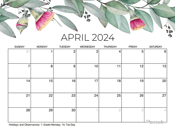 April Calendar 2024 Printable Eucalyptus
