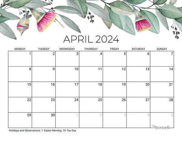 April Calendar 2024 Printable Eucalyptus Monday Start