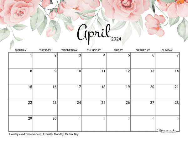 April Calendar 2024 Printable Rose Monday Start