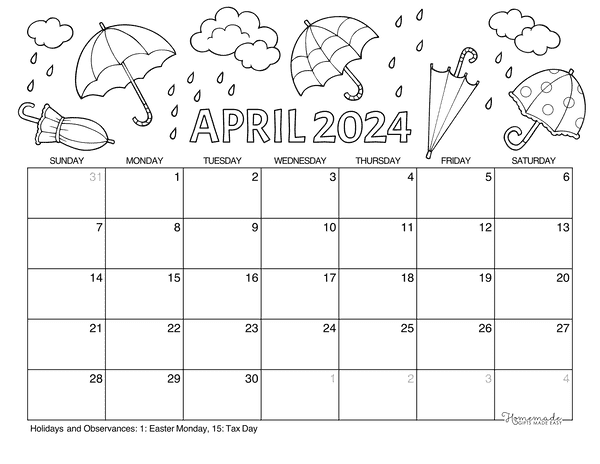 April Calendar 2024 Printable Umbrellas Rain to Color Landscape