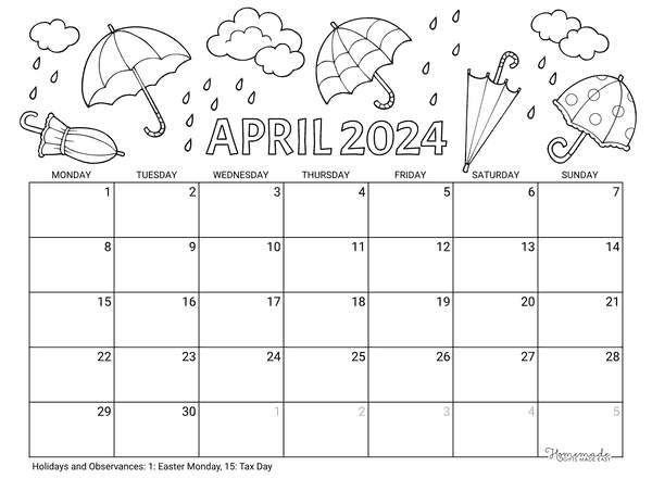 April Calendar 2024 Printable Umbrellas Rain to Color Landscape Monday Start