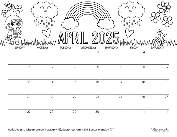 April Calendar 2025 April Showers to Color