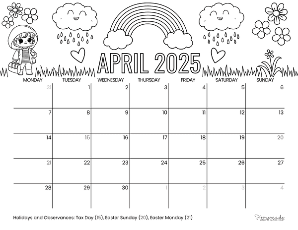 April Calendar 2025 April Showers to Color Mon Start