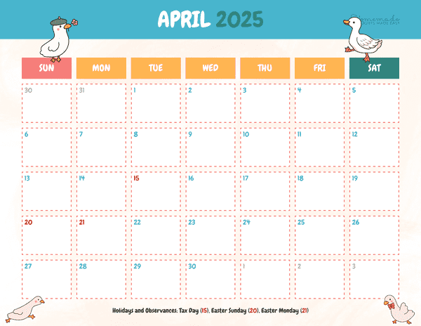 April Calendar 2025 Cute Playful Goose