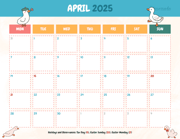 April Calendar 2025 Cute Playful Goose Mon Start