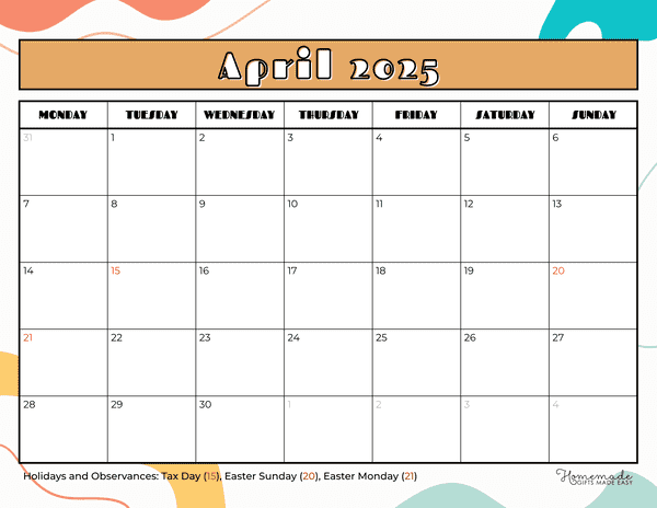 April Calendar 2025 Cute Round Patterned Mon Start