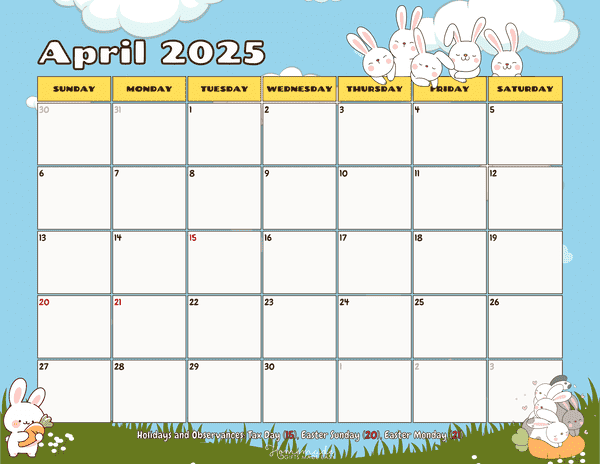 April Calendar 2025 Cute Spring Bunnies